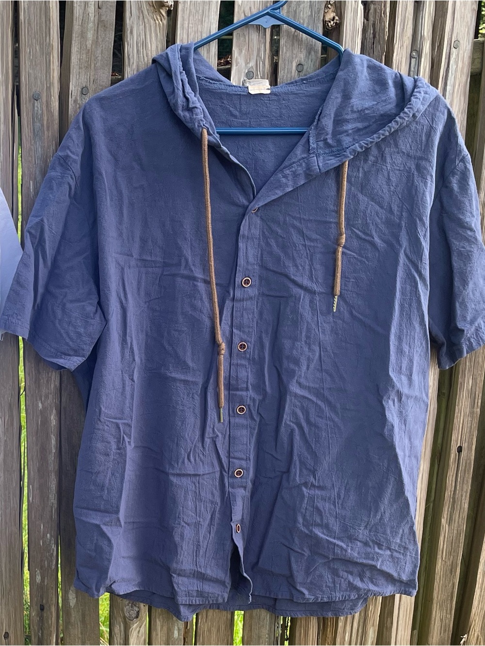 Linen Lightweight Hooded Button-Up Shirt - Navy